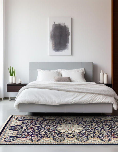 Navy Blue 7' 10 x 10' Narenj Rectangle Area Rug 85% Polypropylene & 15% Polyester Traditional Classic Carpet for Living, Dining, Bedrooms, Office for Sale at Rug Engine