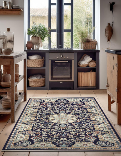 Navy Blue 3' x 5' 1 Narenj Rectangle Area Rug 85% Polypropylene & 15% Polyester Traditional Classic Carpet for Living, Dining, Bedrooms, Office for Sale at Rug Engine