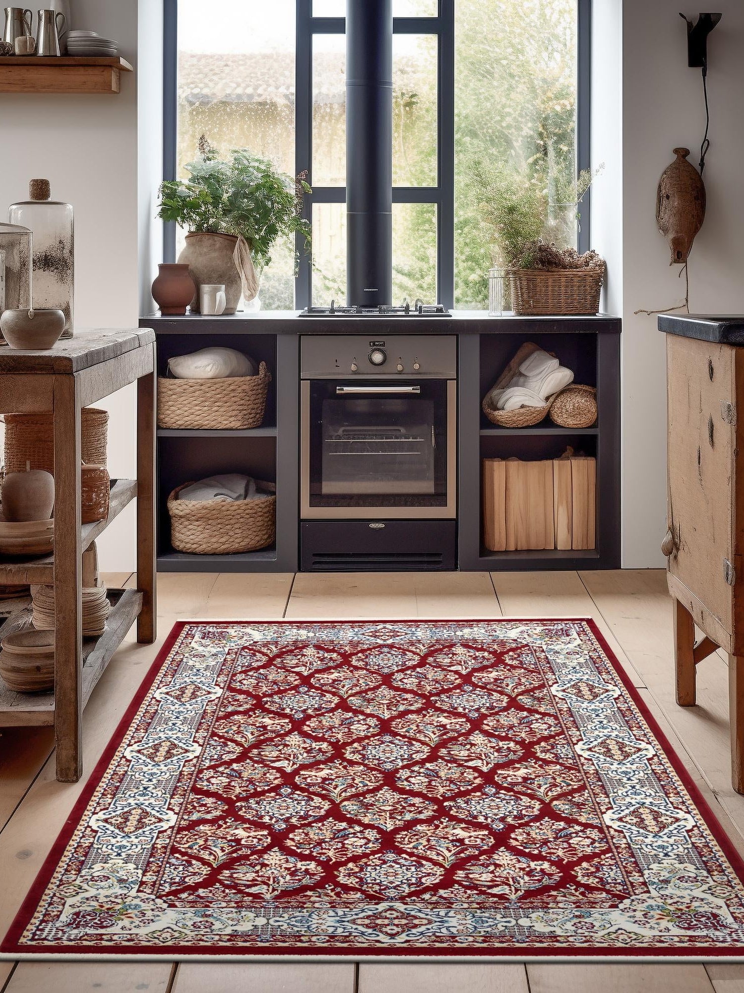 Burgundy 5' 3 x 8' Narenj Rectangle Area Rug 85% Polypropylene & 15% Polyester Traditional Classic Carpet for Living, Dining, Bedrooms, Office for Sale at Rug Engine