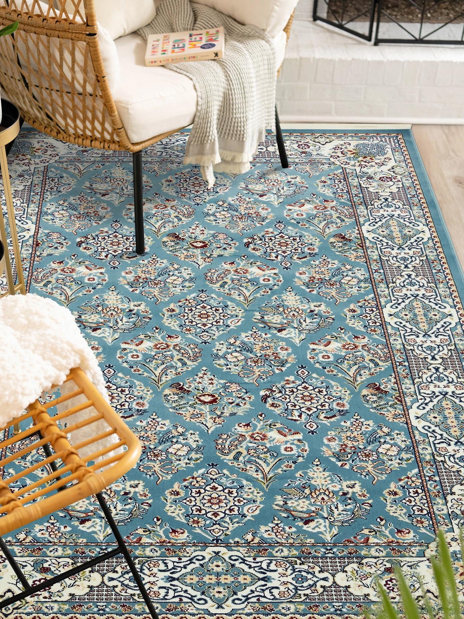 Blue 5' 3 x 8' Narenj Rectangle Area Rug 85% Polypropylene & 15% Polyester Traditional Classic Carpet for Living, Dining, Bedrooms, Office for Sale at Rug Engine
