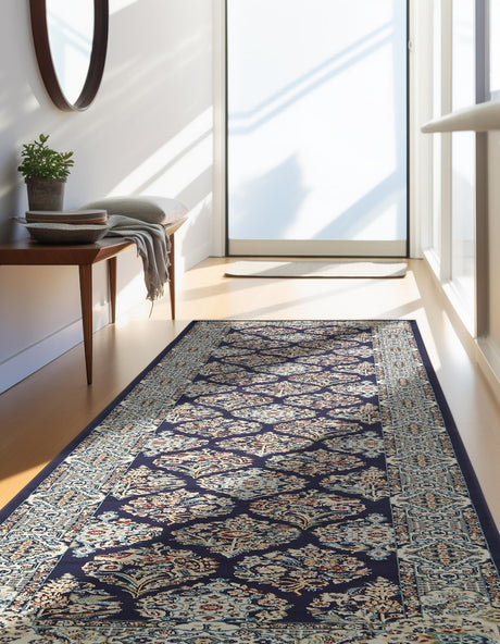 Navy Blue 2' 11 x 13' 1 Narenj Runner Area Rug 85% Polypropylene & 15% Polyester Traditional Classic Carpet for Living, Dining, Bedrooms, Office for Sale at Rug Engine