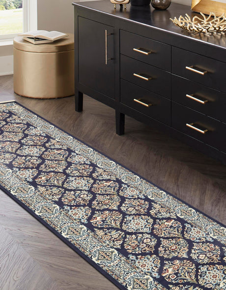 Navy Blue 2' 11 x 13' 1 Narenj Runner Area Rug 85% Polypropylene & 15% Polyester Traditional Classic Carpet for Living, Dining, Bedrooms, Office for Sale at Rug Engine
