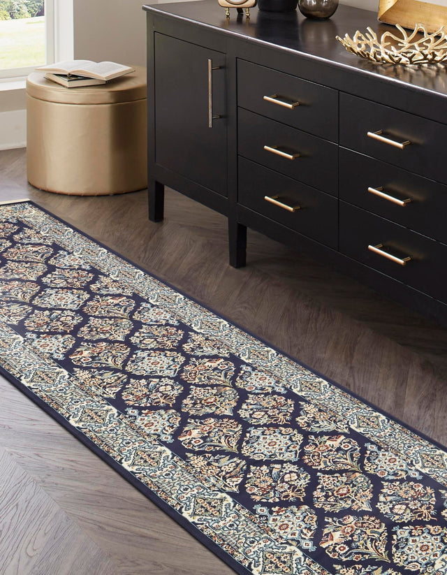 Navy Blue 2' 11 x 13' 1 Narenj Runner Area Rug 85% Polypropylene & 15% Polyester Traditional Classic Carpet for Living, Dining, Bedrooms, Office for Sale at Rug Engine