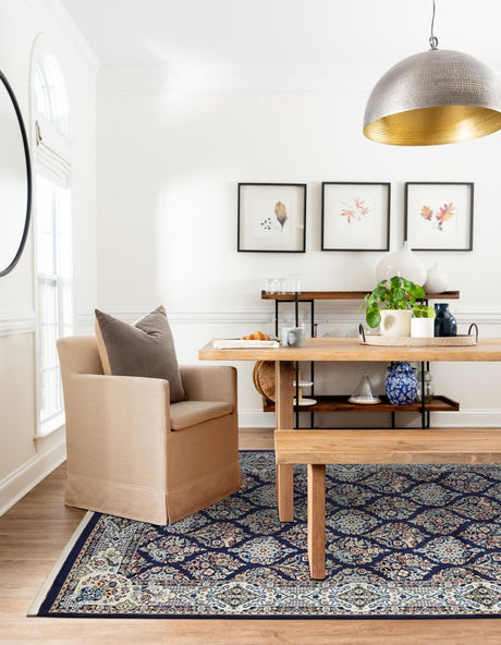 Navy Blue 10' x 13' Narenj Rectangle Area Rug 85% Polypropylene & 15% Polyester Traditional Classic Carpet for Living, Dining, Bedrooms, Office for Sale at Rug Engine