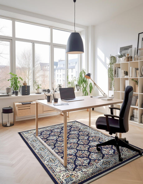 Navy Blue 5' 3 x 8' Narenj Rectangle Area Rug 85% Polypropylene & 15% Polyester Traditional Classic Carpet for Living, Dining, Bedrooms, Office for Sale at Rug Engine