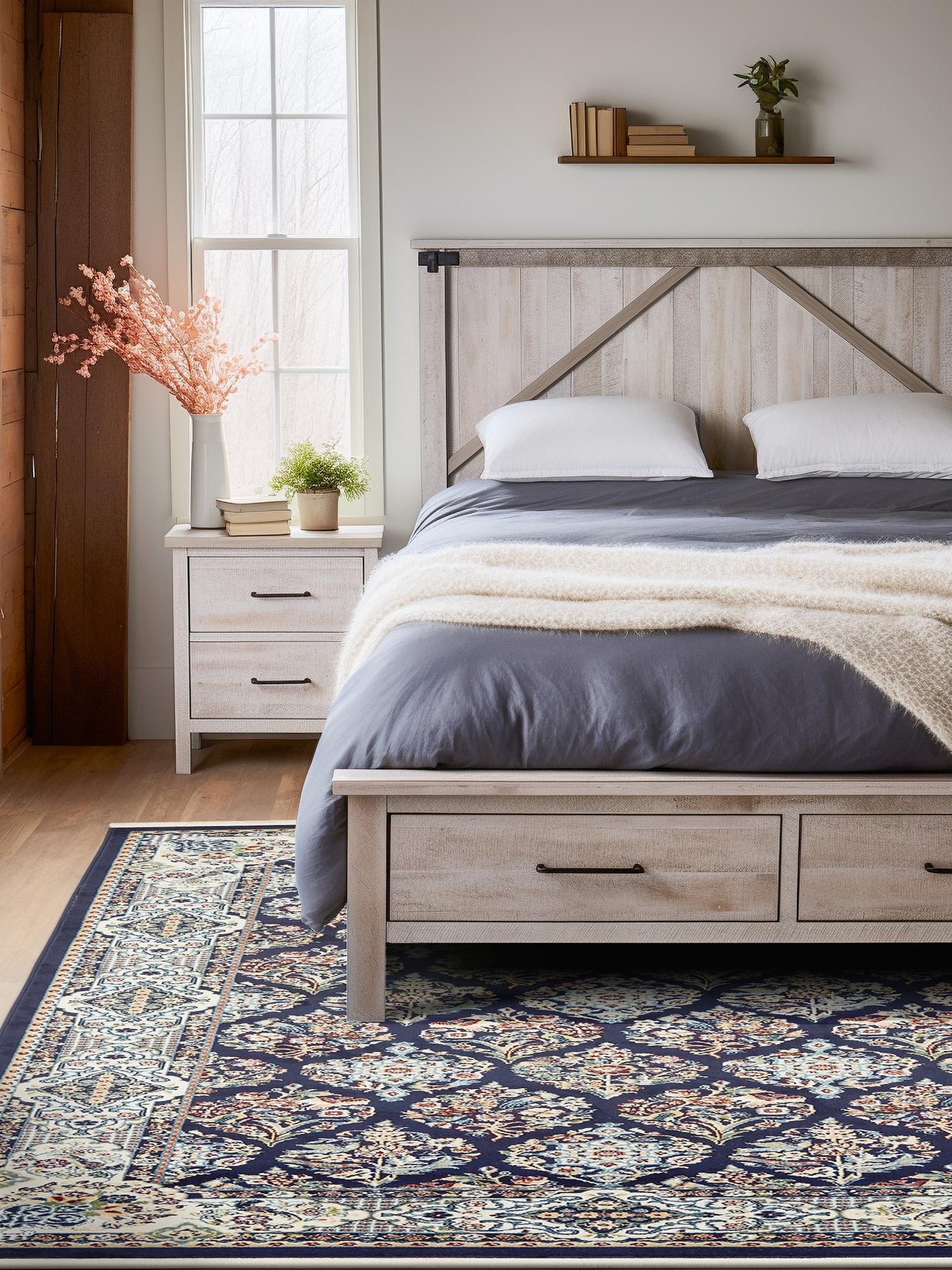 Navy Blue 7' 10 x 10' Narenj Rectangle Area Rug 85% Polypropylene & 15% Polyester Traditional Classic Carpet for Living, Dining, Bedrooms, Office for Sale at Rug Engine