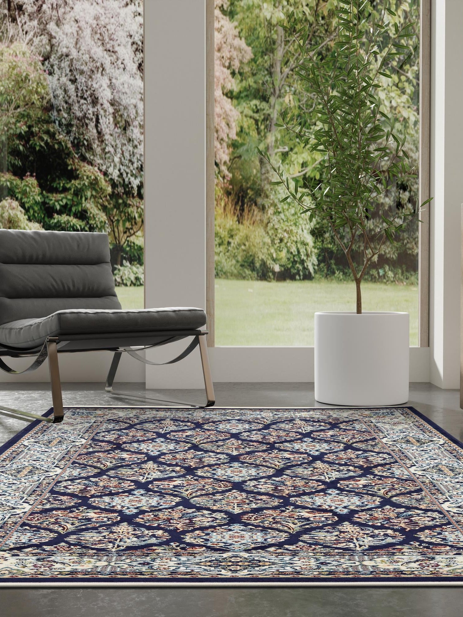 Navy Blue 7' 10 x 10' Narenj Rectangle Area Rug 85% Polypropylene & 15% Polyester Traditional Classic Carpet for Living, Dining, Bedrooms, Office for Sale at Rug Engine