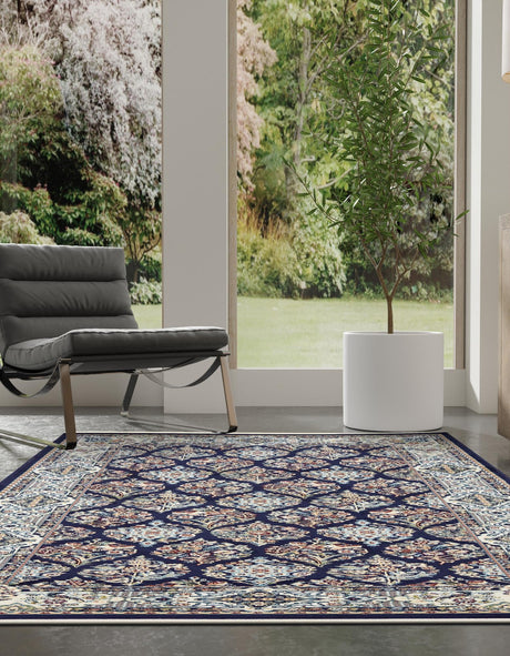 Navy Blue 7' 10 x 10' Narenj Rectangle Area Rug 85% Polypropylene & 15% Polyester Traditional Classic Carpet for Living, Dining, Bedrooms, Office for Sale at Rug Engine