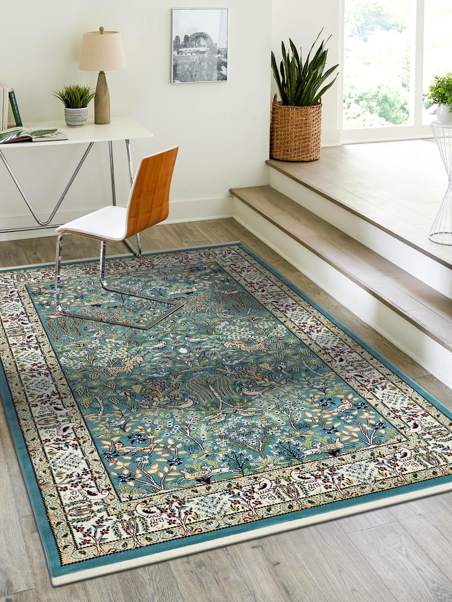 Blue 5' 3 x 8' Narenj Rectangle Area Rug 85% Polypropylene & 15% Polyester Traditional Classic Carpet for Living, Dining, Bedrooms, Office for Sale at Rug Engine