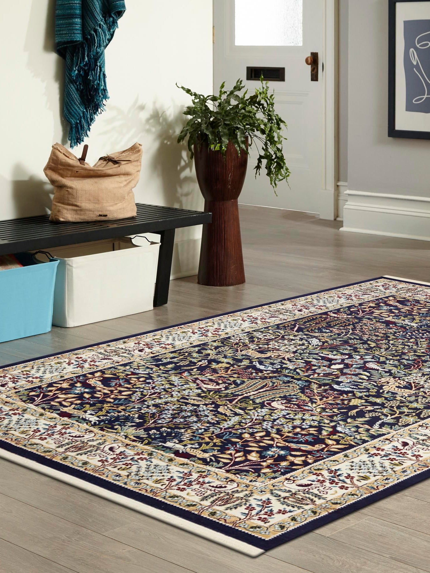 Navy Blue 7' 10 x 10' Narenj Rectangle Area Rug 85% Polypropylene & 15% Polyester Traditional Classic Carpet for Living, Dining, Bedrooms, Office for Sale at Rug Engine