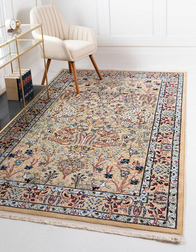 Beige 7' 10 x 10' Narenj Rectangle Area Rug 85% Polypropylene & 15% Polyester Traditional Classic Carpet for Living, Dining, Bedrooms, Office for Sale at Rug Engine
