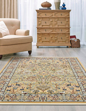 Beige 7' 10 x 10' Narenj Rectangle Area Rug 85% Polypropylene & 15% Polyester Traditional Classic Carpet for Living, Dining, Bedrooms, Office for Sale at Rug Engine