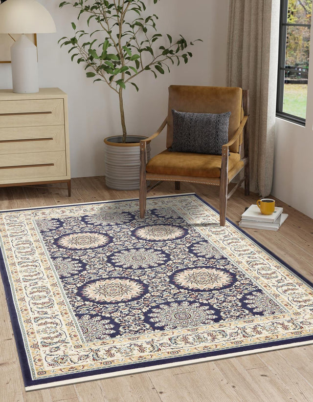 Navy Blue 8' x 10' Narenj Rectangle Area Rug 85% Polypropylene & 15% Polyester Traditional Classic Carpet for Living, Dining, Bedrooms, Office for Sale at Rug Engine