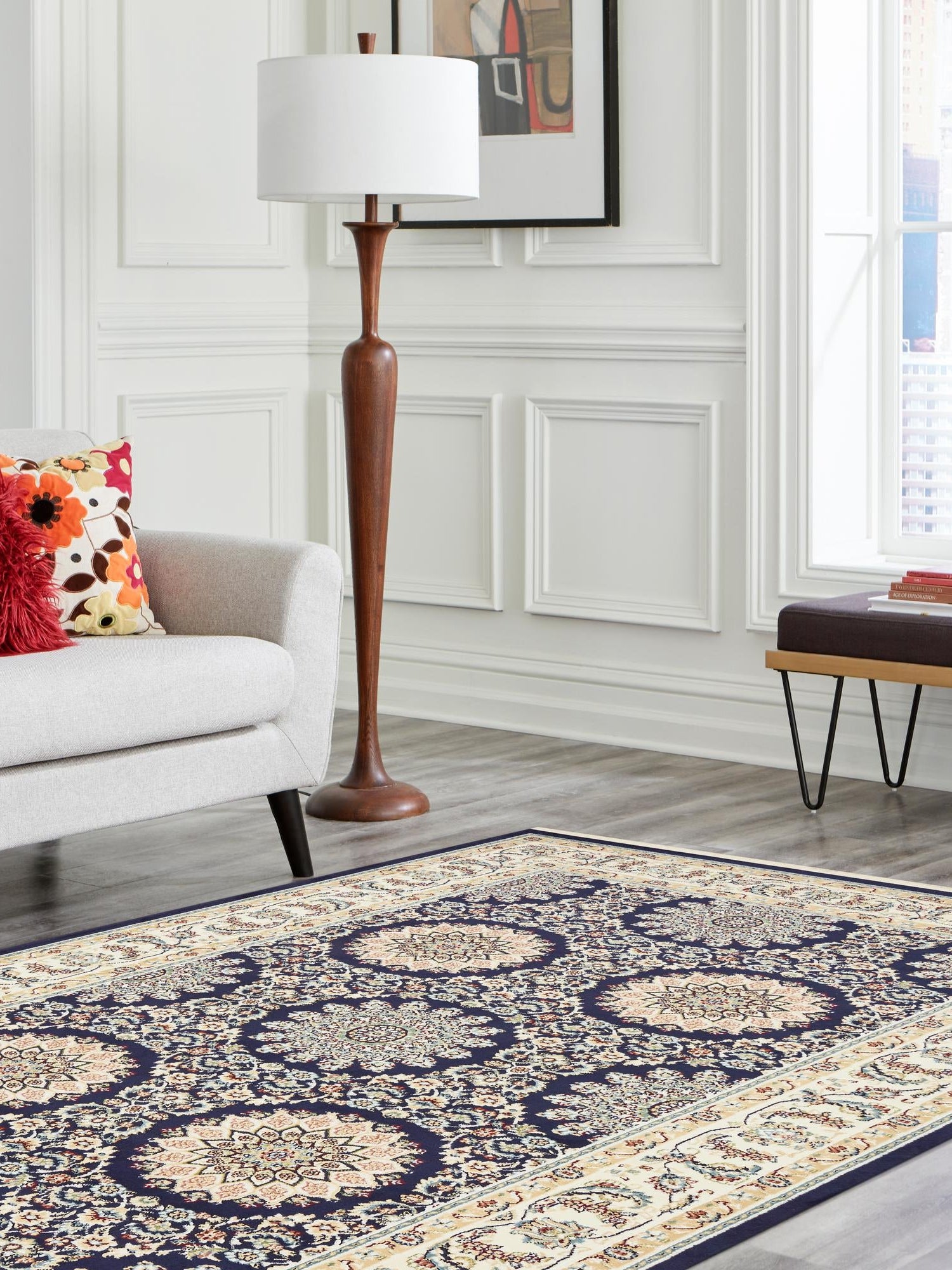 Navy Blue 8' x 10' Narenj Rectangle Area Rug 85% Polypropylene & 15% Polyester Traditional Classic Carpet for Living, Dining, Bedrooms, Office for Sale at Rug Engine