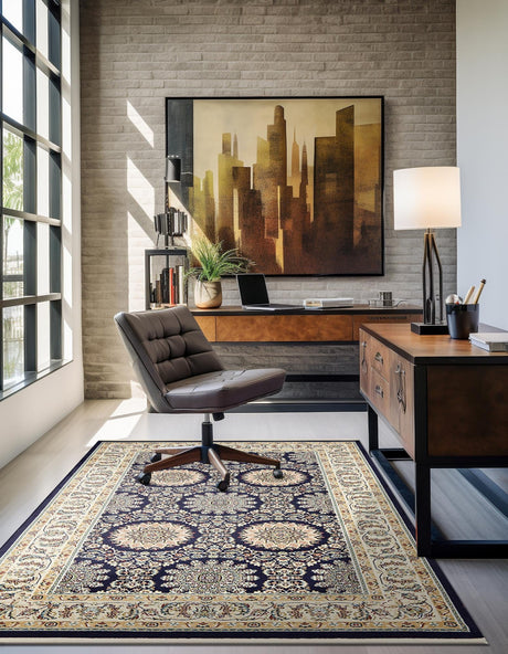 Navy Blue 5' 1 x 8' Narenj Rectangle Area Rug 85% Polypropylene & 15% Polyester Traditional Classic Carpet for Living, Dining, Bedrooms, Office for Sale at Rug Engine