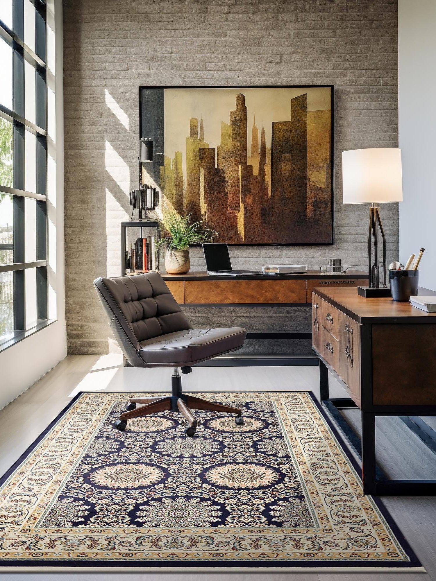 Navy Blue 8' x 10' Narenj Rectangle Area Rug 85% Polypropylene & 15% Polyester Traditional Classic Carpet for Living, Dining, Bedrooms, Office for Sale at Rug Engine