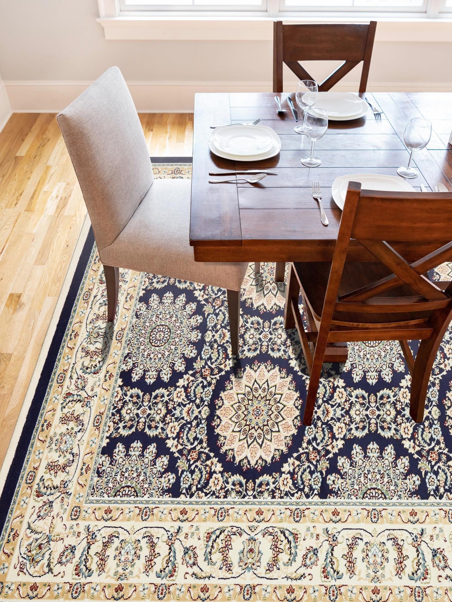 Navy Blue 8' x 10' Narenj Rectangle Area Rug 85% Polypropylene & 15% Polyester Traditional Classic Carpet for Living, Dining, Bedrooms, Office for Sale at Rug Engine
