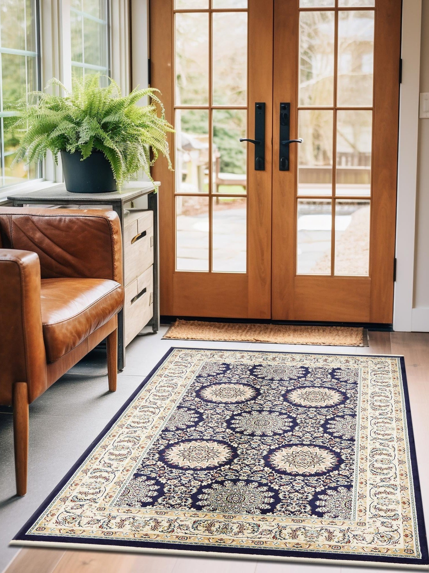 Navy Blue 8' x 10' Narenj Rectangle Area Rug 85% Polypropylene & 15% Polyester Traditional Classic Carpet for Living, Dining, Bedrooms, Office for Sale at Rug Engine