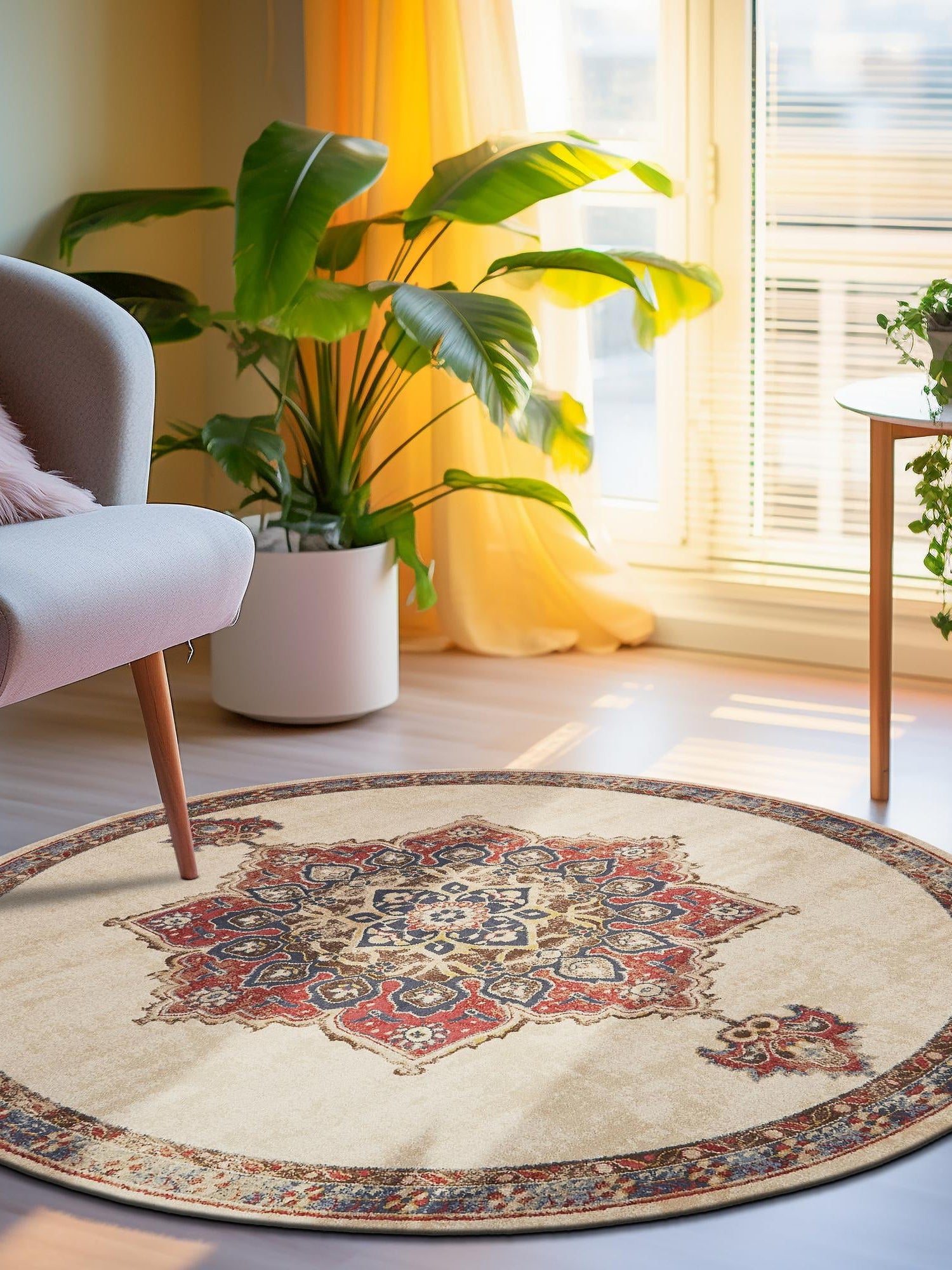 Cream 4' x 4' Utopia Round Area Rug Traditional Vintage Persian Inspired Vivid Color Durable Carpet for Unique Interiors for Sale at Rug Engine