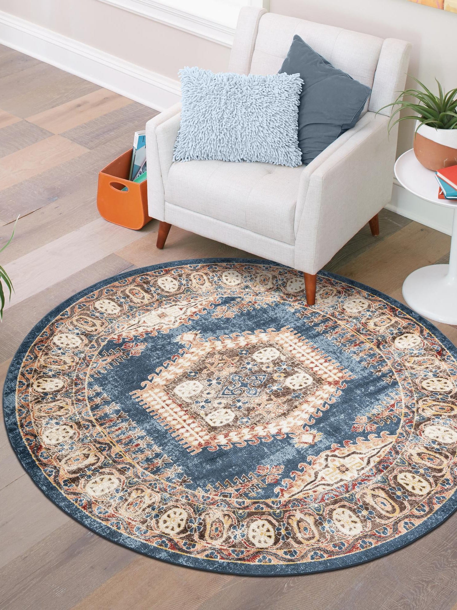 Blue 7' x 7' Utopia Round Area Rug Traditional Vintage Persian Inspired Vivid Color Durable Carpet for Unique Interiors for Sale at Rug Engine