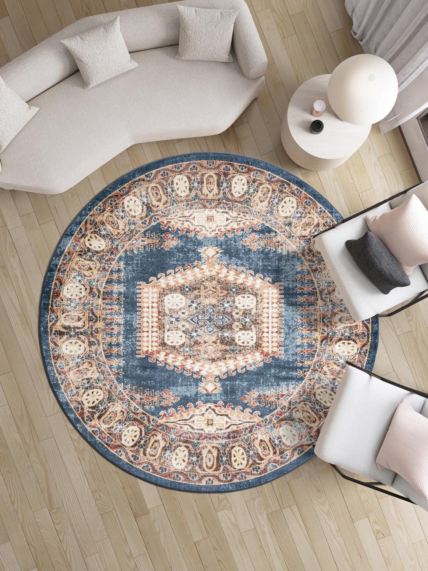 Blue 7' x 7' Utopia Round Area Rug Traditional Vintage Persian Inspired Vivid Color Durable Carpet for Unique Interiors for Sale at Rug Engine