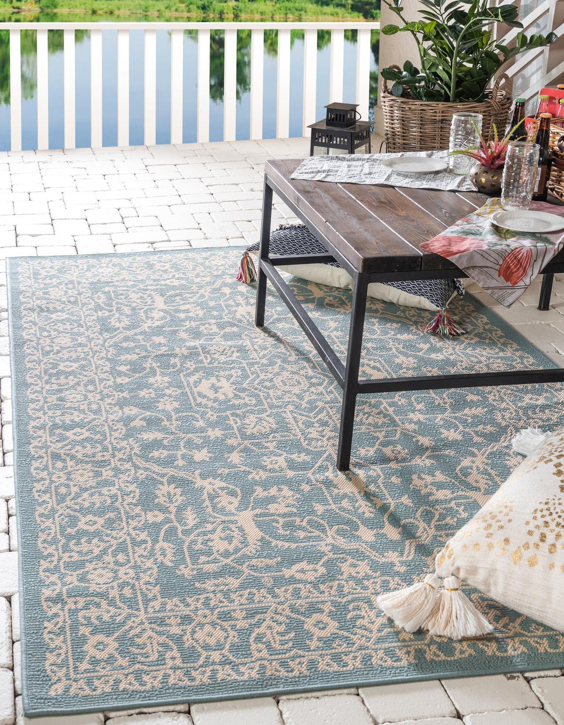 Light Blue 5' 1 x 8' Outdoor Botanical Rectangle Area Rug Weather Resistant for Patio, Deck, Terrace, Balcony, Porch Polypropylene Garden Floral Tropical Carpet for Sale at Rug Engine