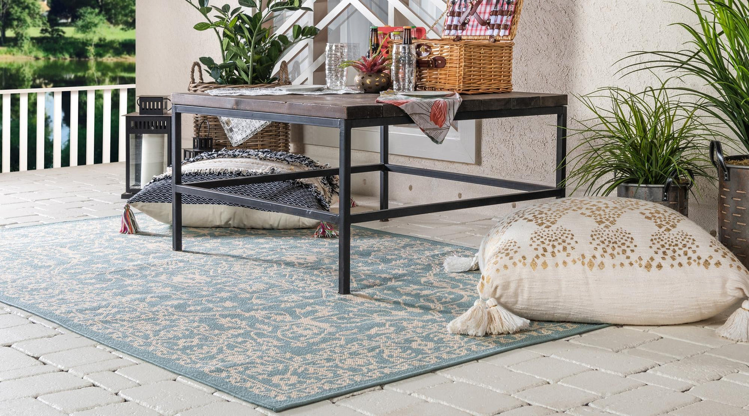 Light Blue 4' 1 x 6' 1 Outdoor Botanical Rectangle Area Rug Weather Resistant for Patio, Deck, Terrace, Balcony, Porch Polypropylene Garden Floral Tropical Carpet for Sale at Rug Engine