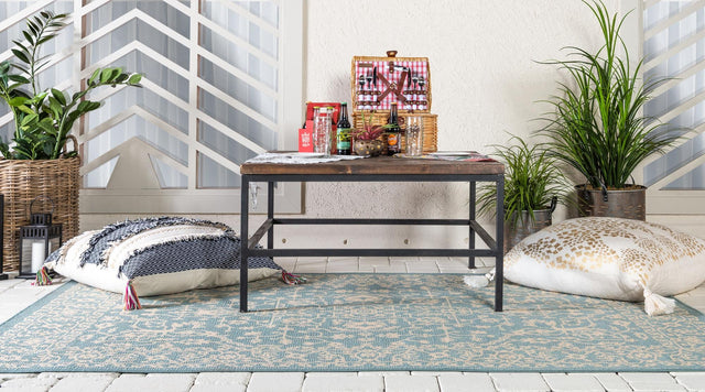 Light Blue 8' x 11' 4 Outdoor Botanical Rectangle Rug