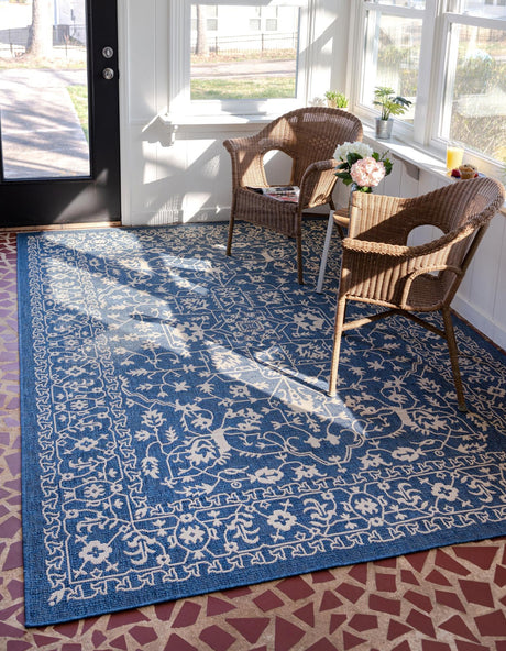 Blue 7' 1 x 10' Outdoor Botanical Rectangle Area Rug Weather Resistant for Patio, Deck, Terrace, Balcony, Porch