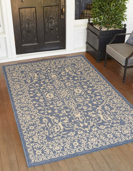 Blue 7' 1 x 10' Outdoor Botanical Rectangle Area Rug Weather Resistant for Patio, Deck, Terrace, Balcony, Porch