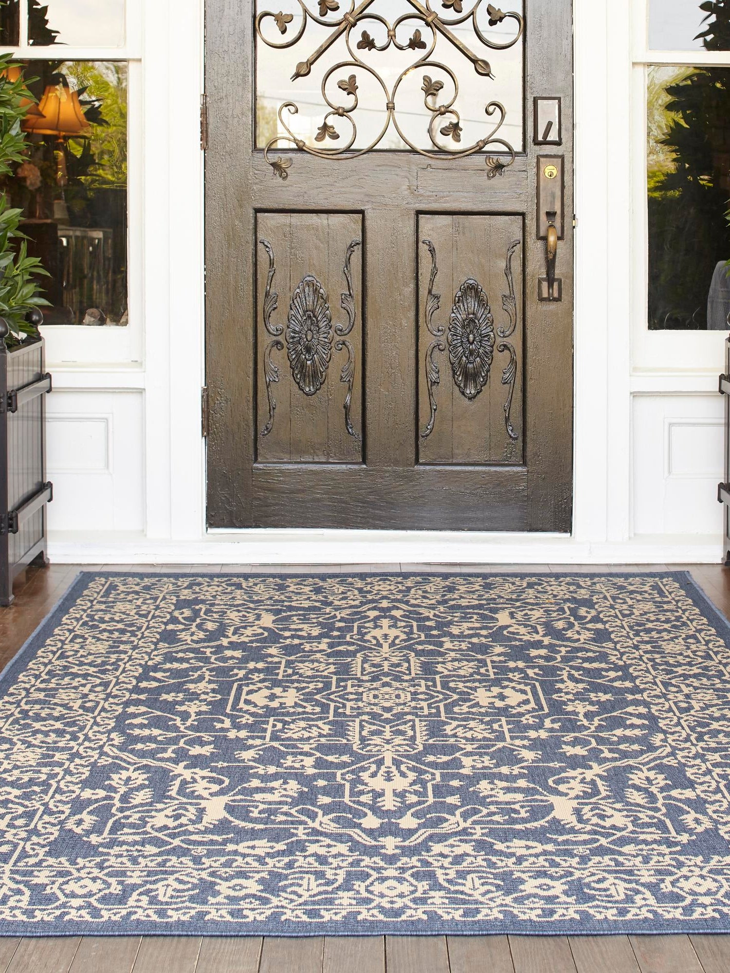 Blue 7' 1 x 10' Outdoor Botanical Rectangle Area Rug Weather Resistant for Patio, Deck, Terrace, Balcony, Porch Polypropylene Garden Floral Tropical Carpet for Sale at Rug Engine