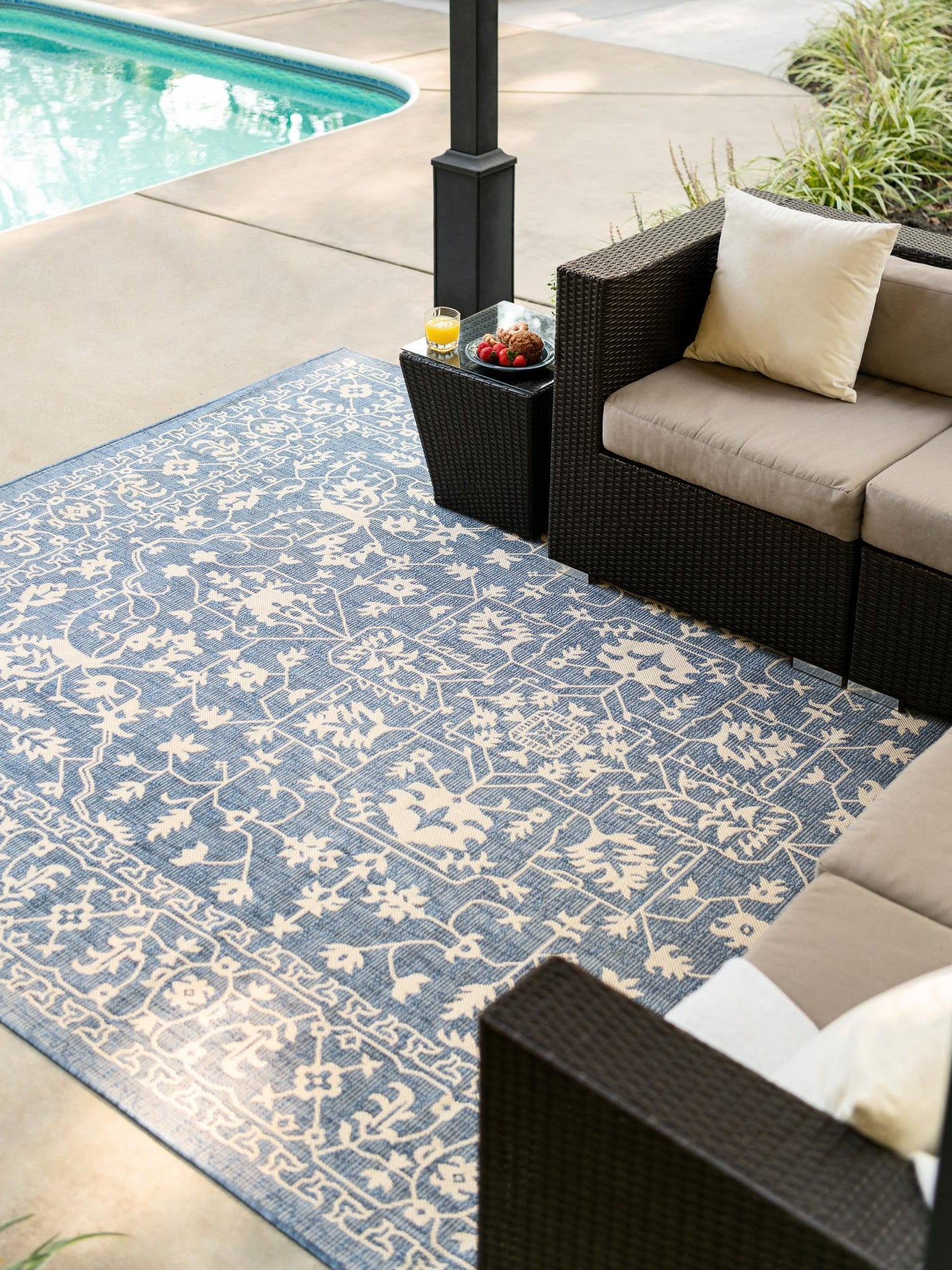 Blue 7' 1 x 10' Outdoor Botanical Rectangle Area Rug Weather Resistant for Patio, Deck, Terrace, Balcony, Porch Polypropylene Garden Floral Tropical Carpet for Sale at Rug Engine
