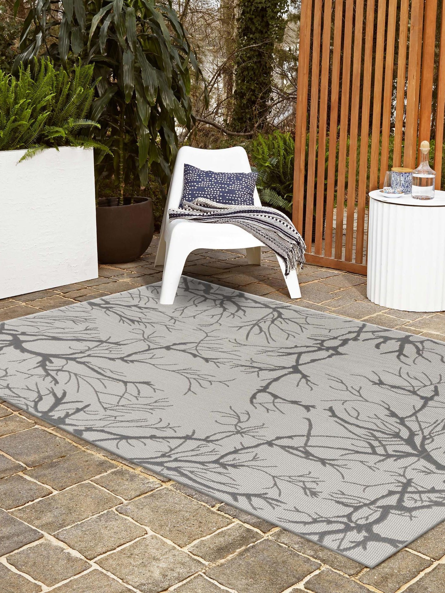 Light Gray 8' x 11' 4 Outdoor Botanical Rectangle Area Rug Weather Resistant for Patio, Deck, Terrace, Balcony, Porch Polypropylene Garden Floral Tropical Carpet for Sale at Rug Engine