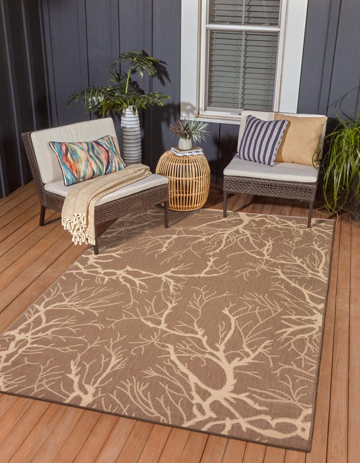 Brown 6' 1 x 9' Outdoor Botanical Rectangle Area Rug Weather Resistant for Patio, Deck, Terrace, Balcony, Porch Polypropylene Garden Floral Tropical Carpet for Sale at Rug Engine