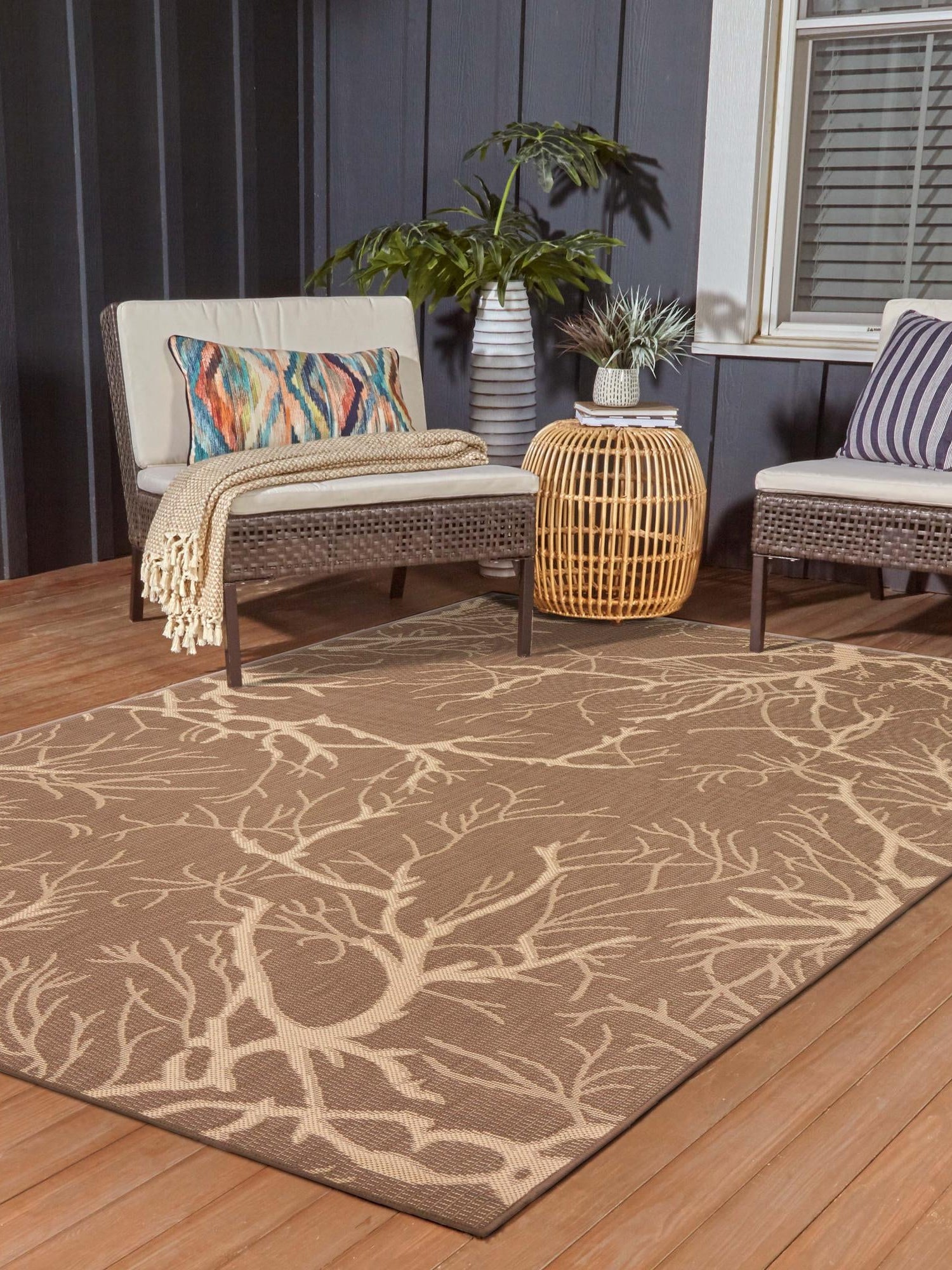 Brown 6' 1 x 9' Outdoor Botanical Rectangle Area Rug Weather Resistant for Patio, Deck, Terrace, Balcony, Porch Polypropylene Garden Floral Tropical Carpet for Sale at Rug Engine