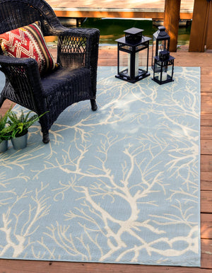 Light Blue 8' x 11' 4 Outdoor Botanical Rectangle Area Rug Weather Resistant for Patio, Deck, Terrace, Balcony, Porch