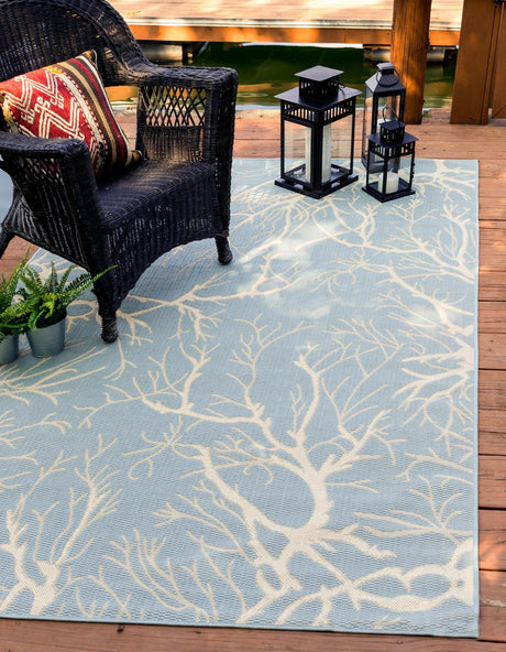 Light Blue 8' x 11' 4 Outdoor Botanical Rectangle Area Rug Weather Resistant for Patio, Deck, Terrace, Balcony, Porch
