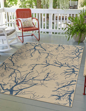 Beige and Blue 9' x 12' 2 Outdoor Botanical Rectangle Rug