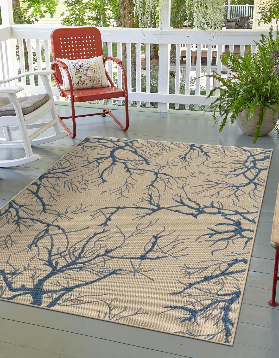 Beige and Blue 7' 1 x 10' Outdoor Botanical Rectangle Area Rug Weather Resistant for Patio, Deck, Terrace, Balcony, Porch Polypropylene Garden Floral Tropical Carpet for Sale at Rug Engine