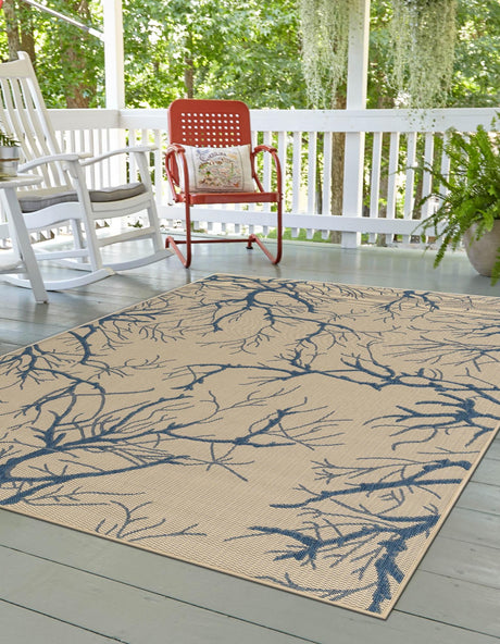 Beige and Blue 9' x 12' 2 Outdoor Botanical Rectangle Rug