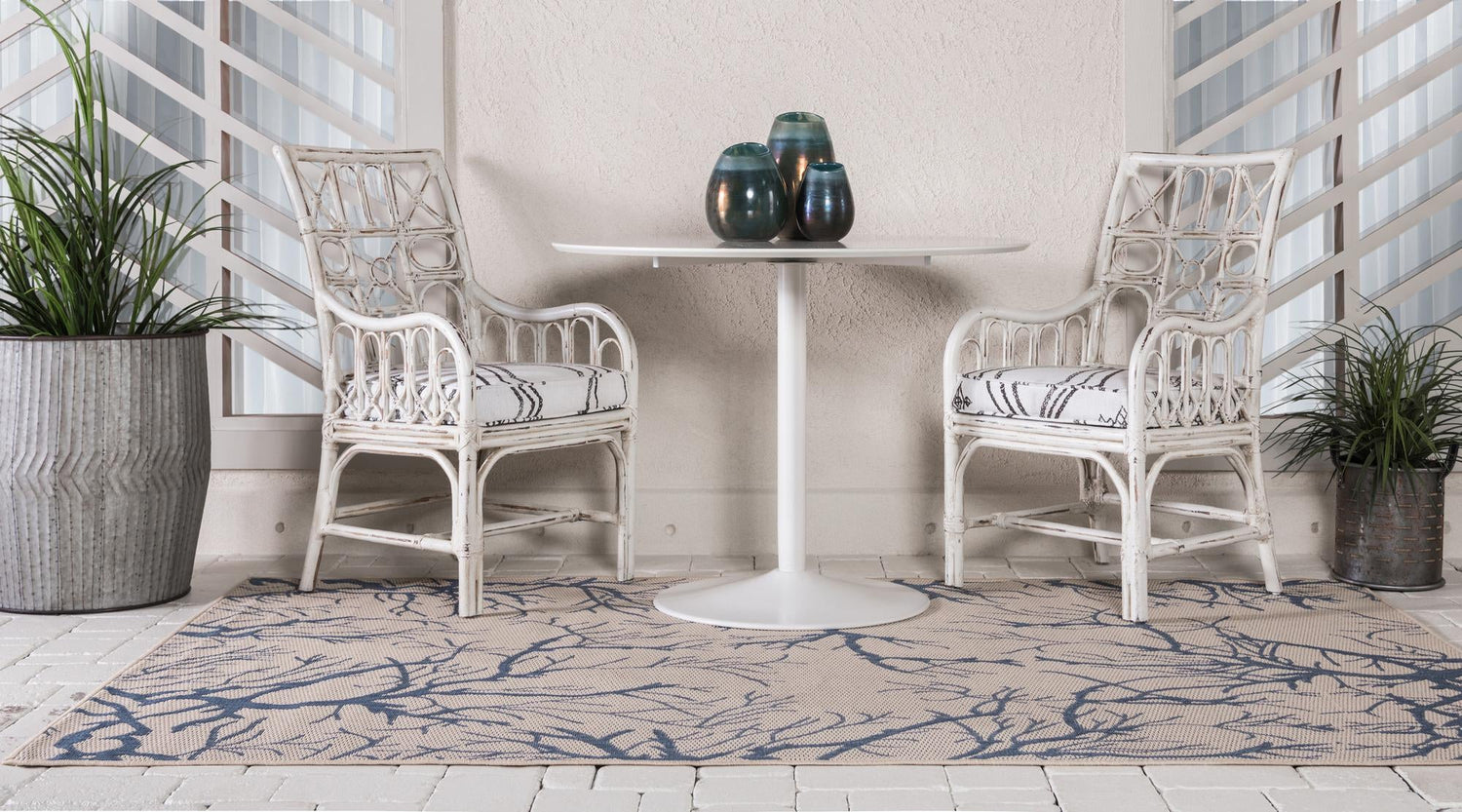 Beige and Blue 7' 1 x 10' Outdoor Botanical Rectangle Area Rug Weather Resistant for Patio, Deck, Terrace, Balcony, Porch Polypropylene Garden Floral Tropical Carpet for Sale at Rug Engine