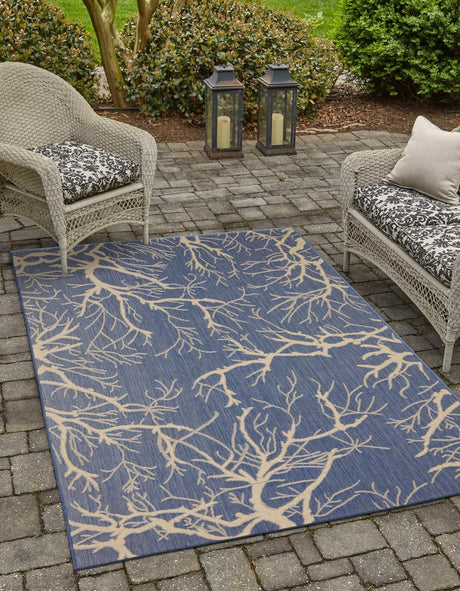 Blue 9' x 12' Outdoor Botanical Rectangle Rug