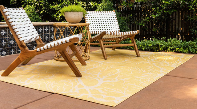 Yellow 2' x 3' Outdoor Botanical Rectangle Area Rug Weather Resistant for Patio, Deck, Terrace, Balcony, Porch Polypropylene Garden Floral Tropical Carpet for Sale at Rug Engine