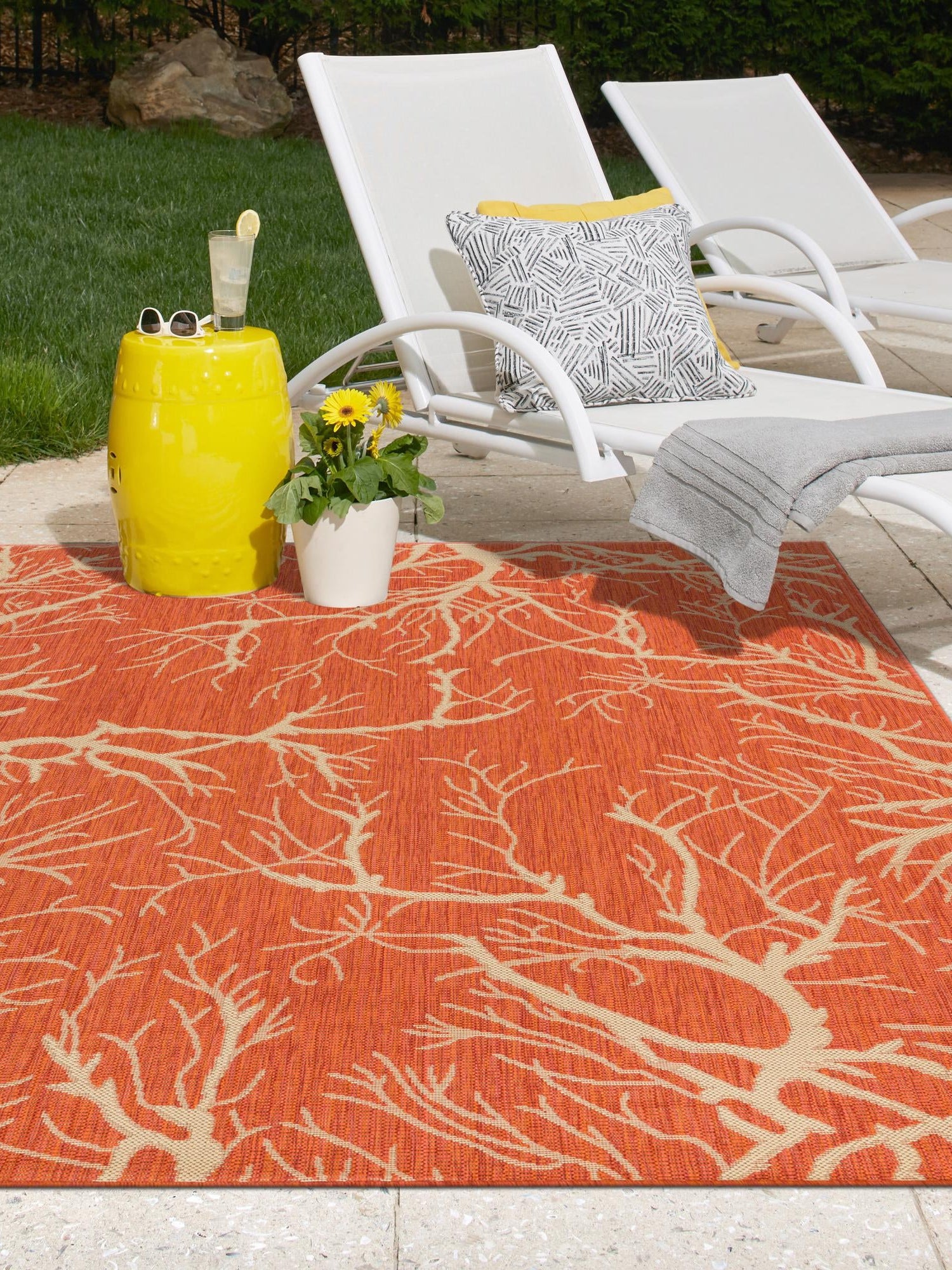 Terracotta 7' 1 x 10' Outdoor Botanical Rectangle Area Rug Weather Resistant for Patio, Deck, Terrace, Balcony, Porch Polypropylene Garden Floral Tropical Carpet for Sale at Rug Engine