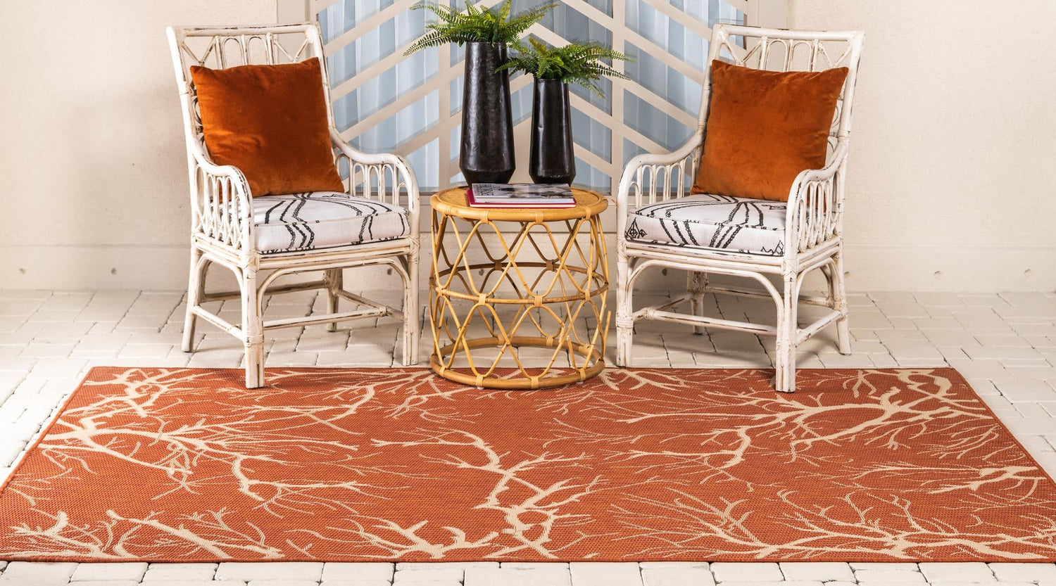 Terracotta 2' x 3' 1 Outdoor Botanical Rectangle Area Rug Weather Resistant for Patio, Deck, Terrace, Balcony, Porch Polypropylene Garden Floral Tropical Carpet for Sale at Rug Engine
