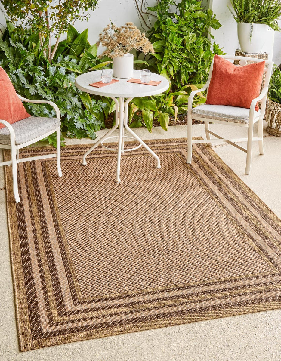 Light Brown 6' x 9' Outdoor Border Rectangle Area Rug Weather Resistan ...