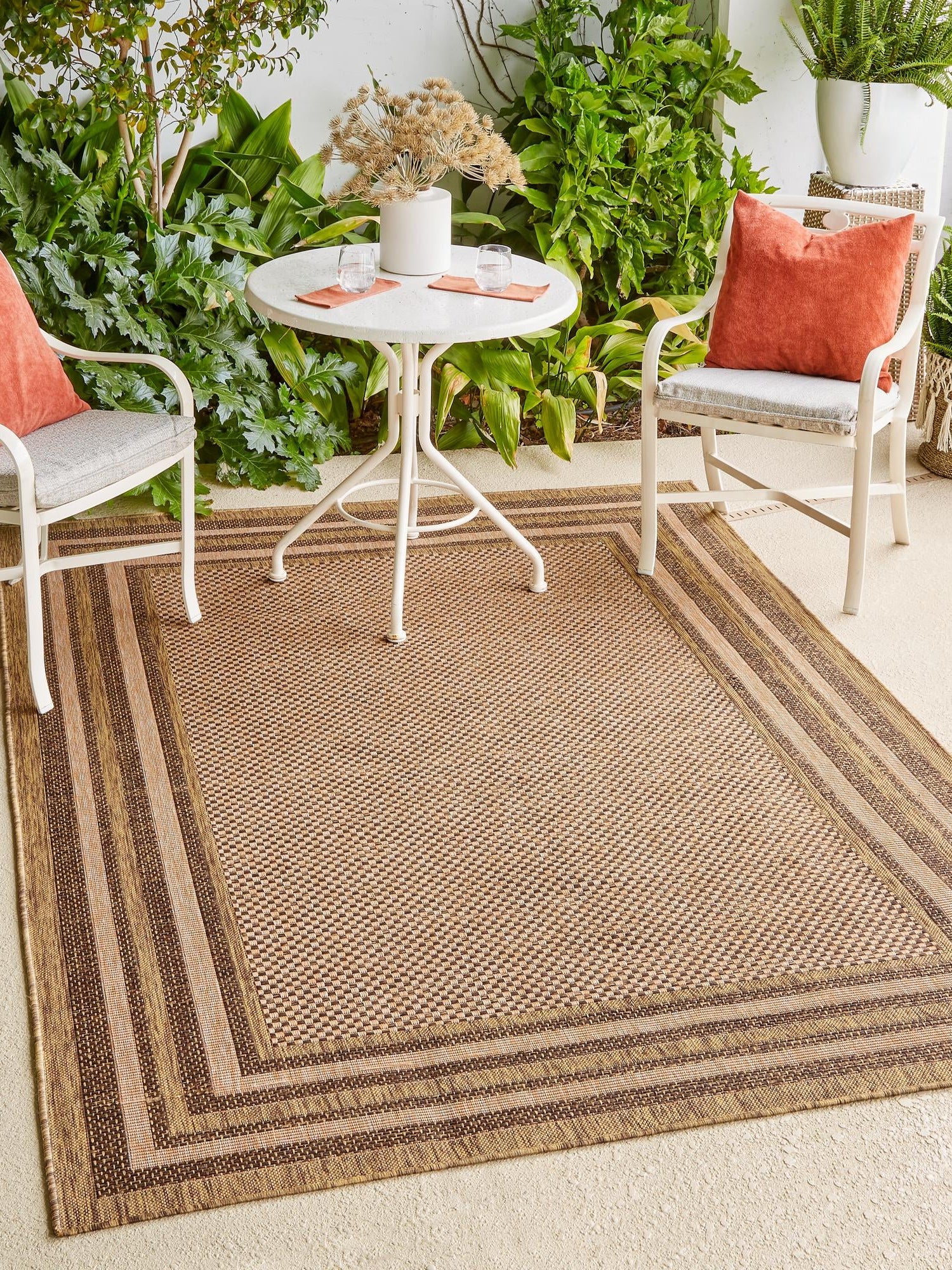 Light Brown 3' 3 x 5' Outdoor Border Rectangle Area Rug Weather Resistant for Patio, Deck, Terrace, Balcony, Porch