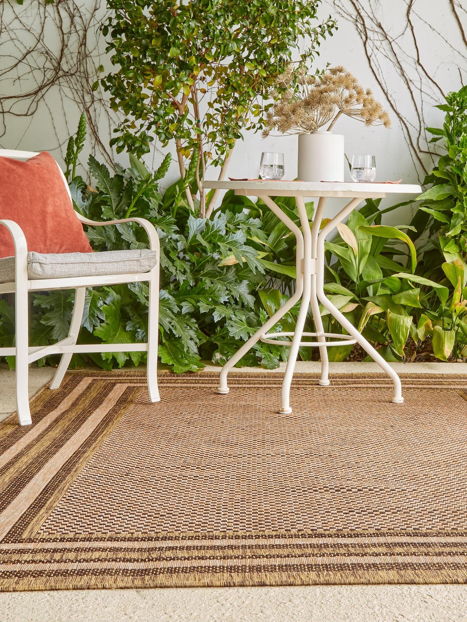 Light Brown 3' 3 x 5' Outdoor Border Rectangle Area Rug Weather Resistant for Patio, Deck, Terrace, Balcony, Porch