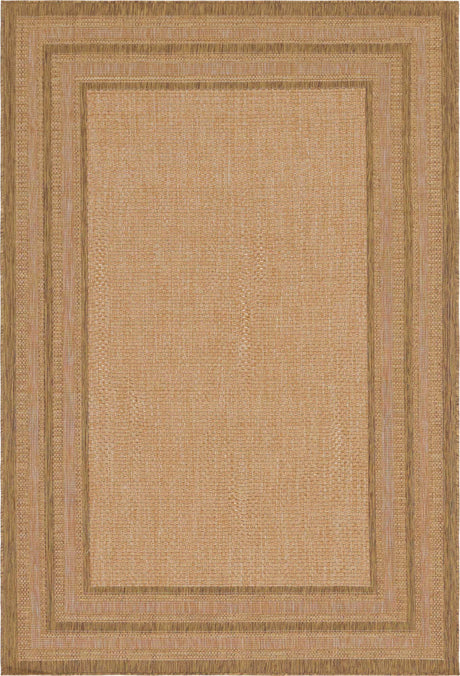 Tan 6' 1 x 9' Outdoor Border Rectangle Area Rug Weather Resistant for Patio, Deck, Terrace, Balcony, Porch