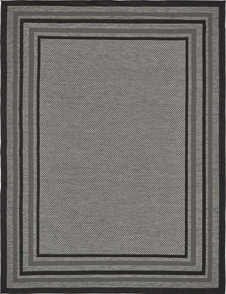 Gray 9' x 12' Outdoor Border Rectangle Area Rug Weather Resistant for Patio, Deck, Terrace, Balcony, Porch
